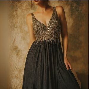 White by Soieblu Dark Gray Beaded Mesh Formal Gown Maxi Dress